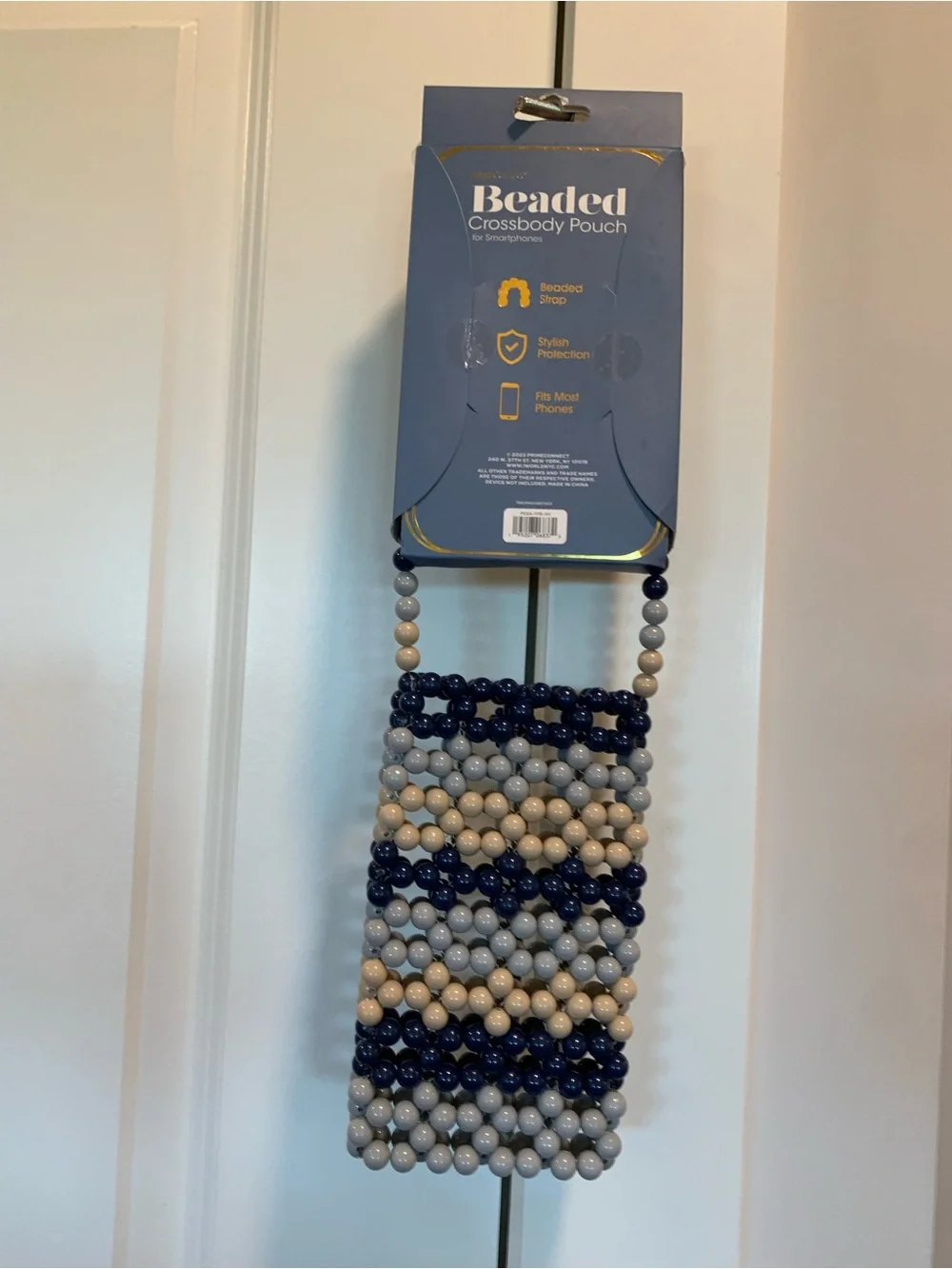 Beaded Crossbody Pouch Phone Case - Navy, Light Gray & Beige